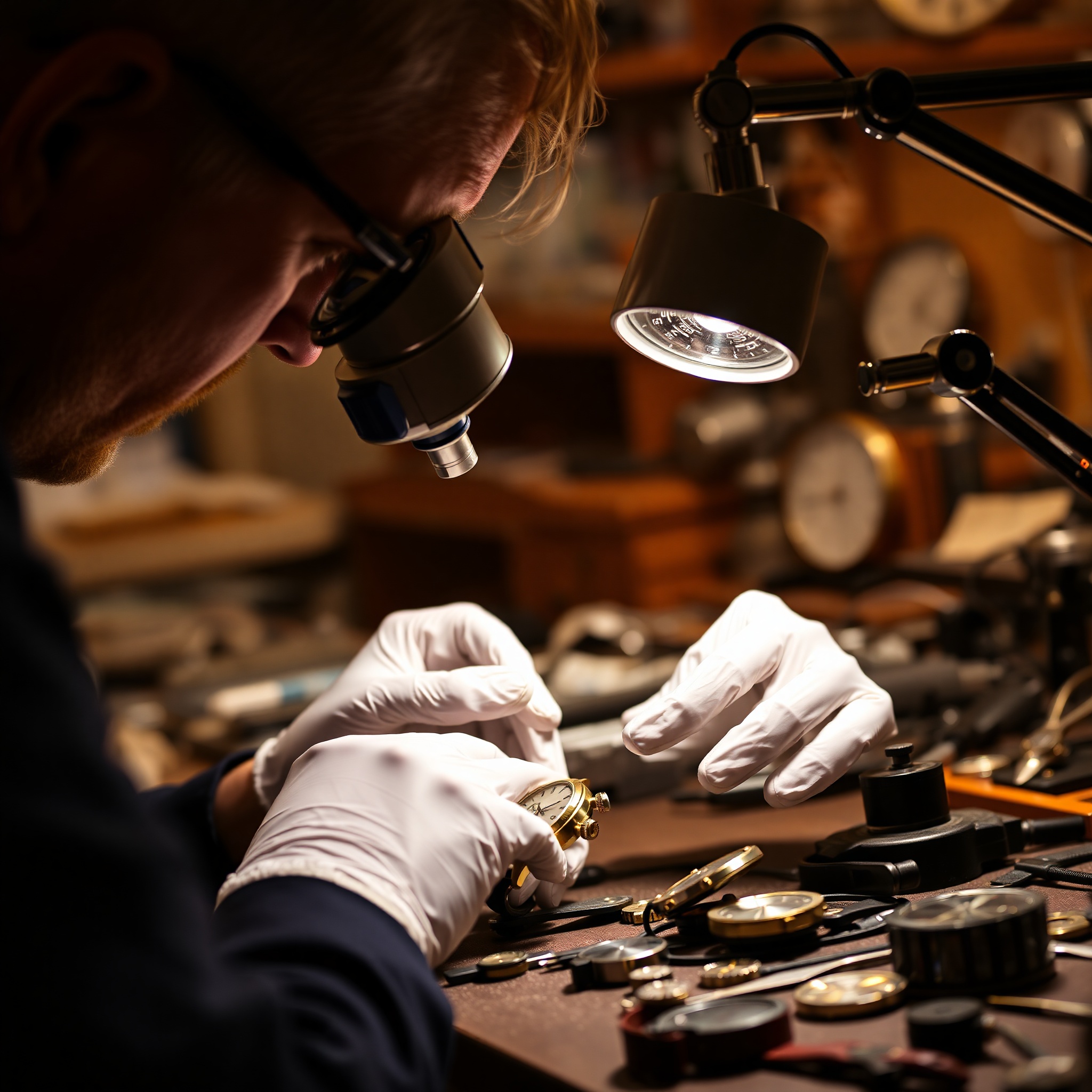 Expert watchmaker performing precision watch repair with specialized magnification tools and delicate instruments