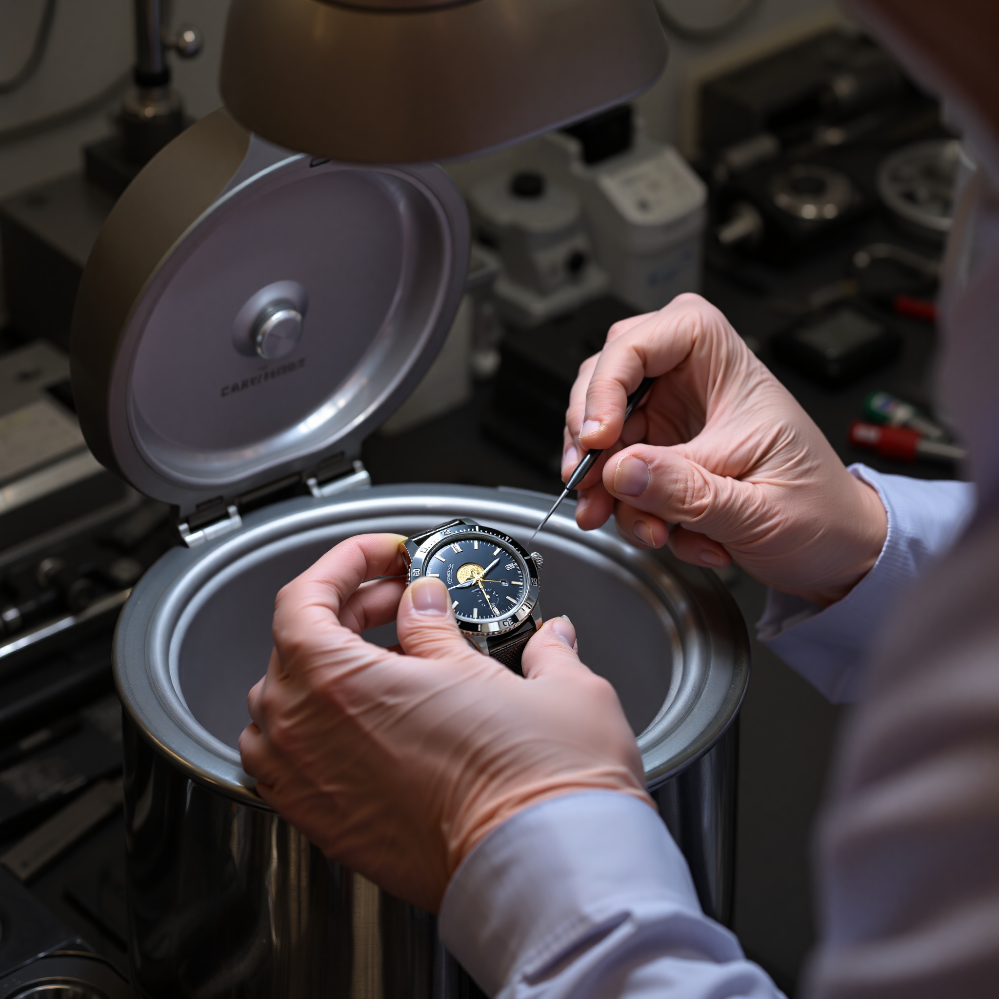 Professional jeweler cleaning luxury watch movement with specialized tools and precision equipment