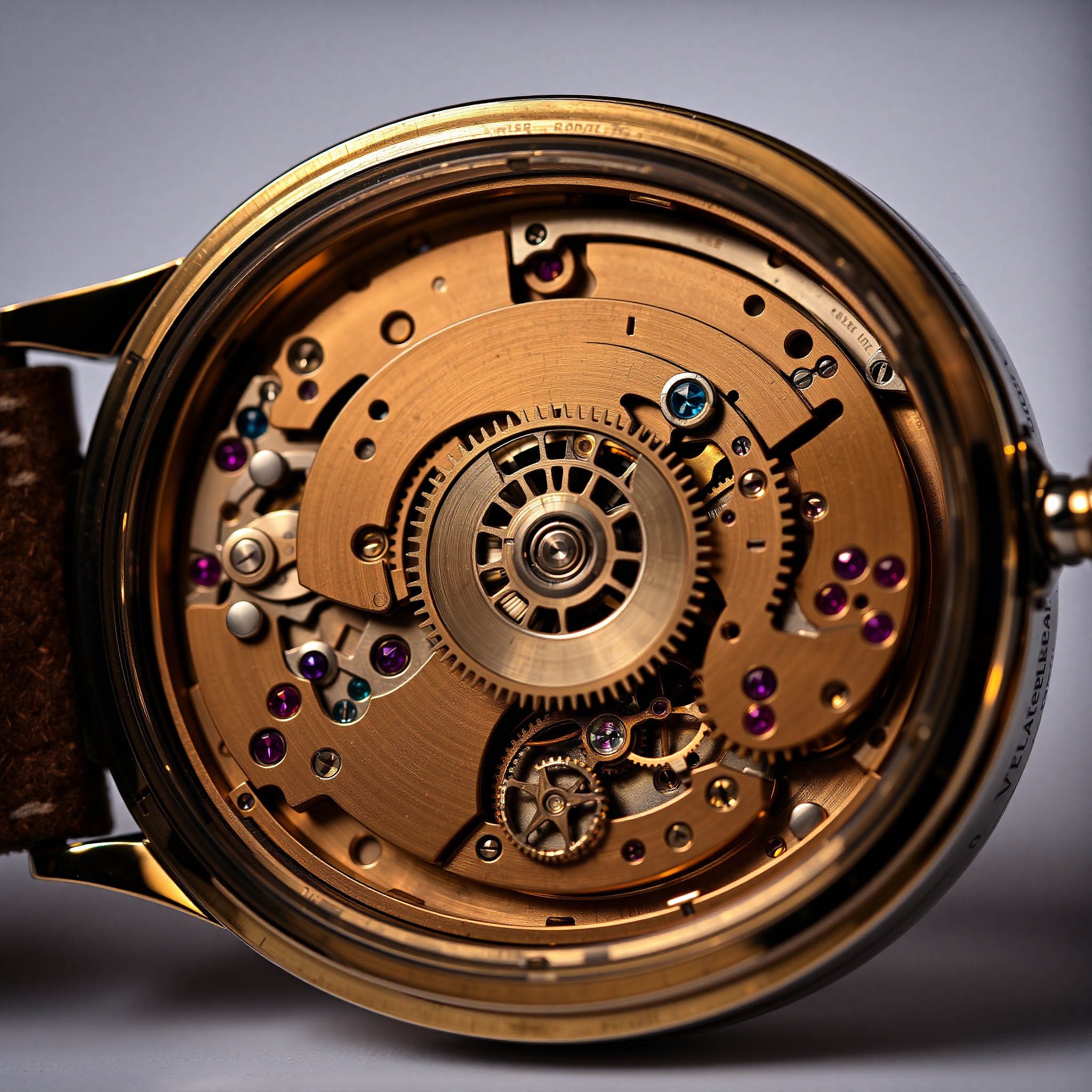 Luxurious vintage mechanical watch displayed showing intricate internal gears and escapement mechanism