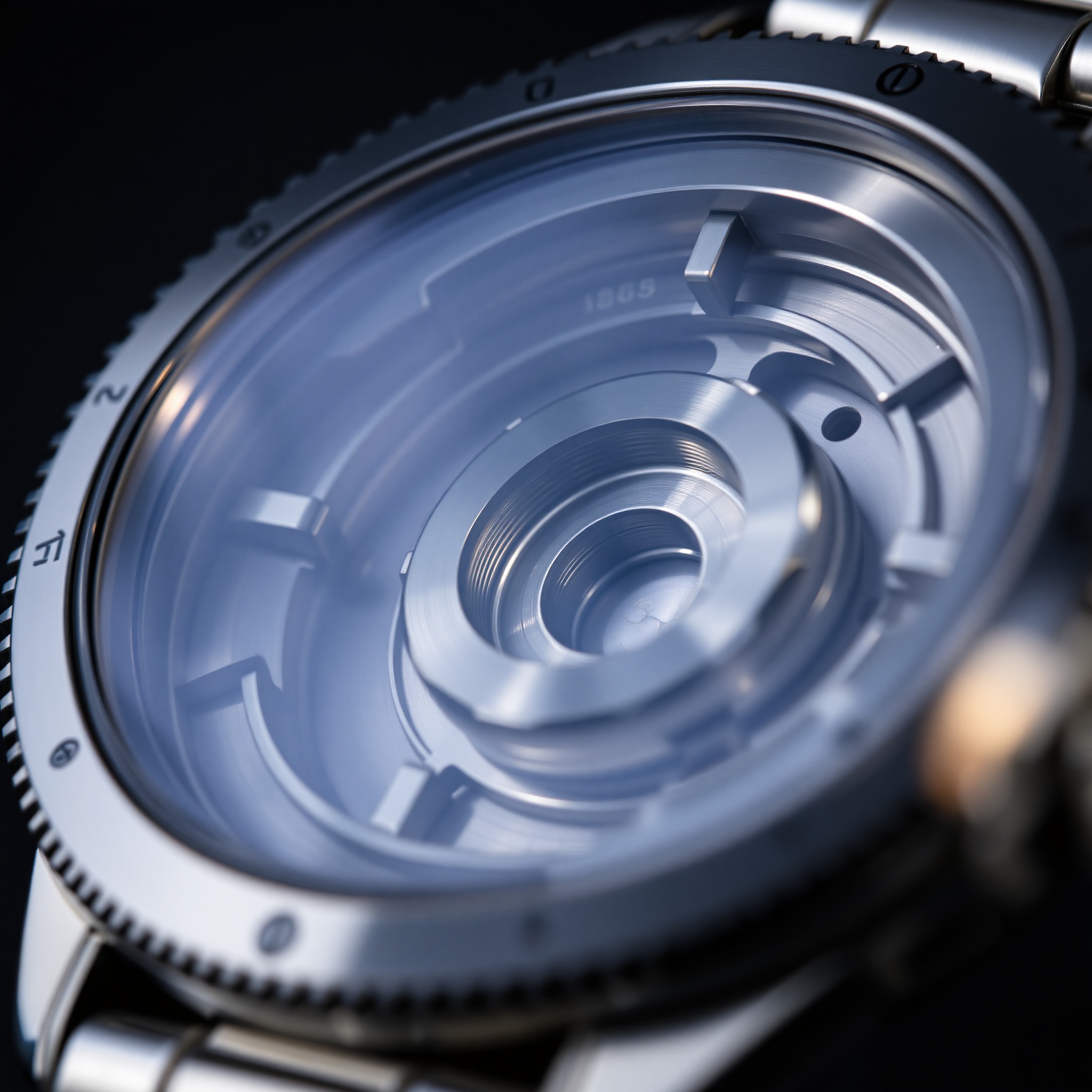 Close-up of luxury watch crown showing detailed threading and gasket sealing mechanism