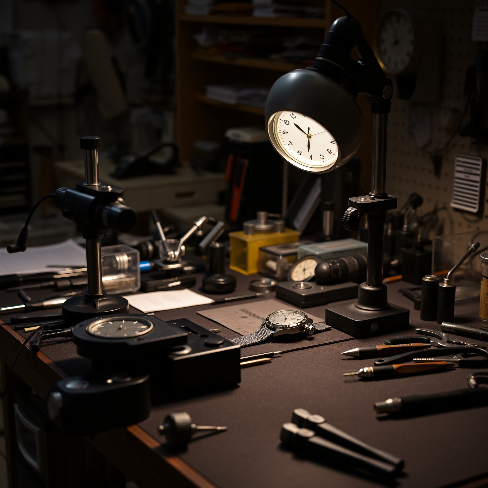 Professional watchmaker's workspace with precision tools, magnifying lamp, and watch service station setup