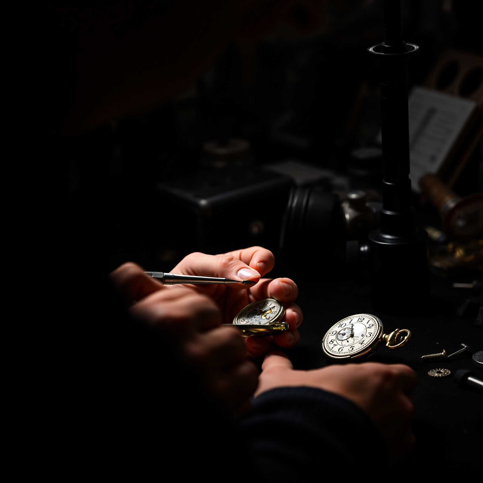 Expert watchmaker performing precision repair on vintage timepiece with magnification tools