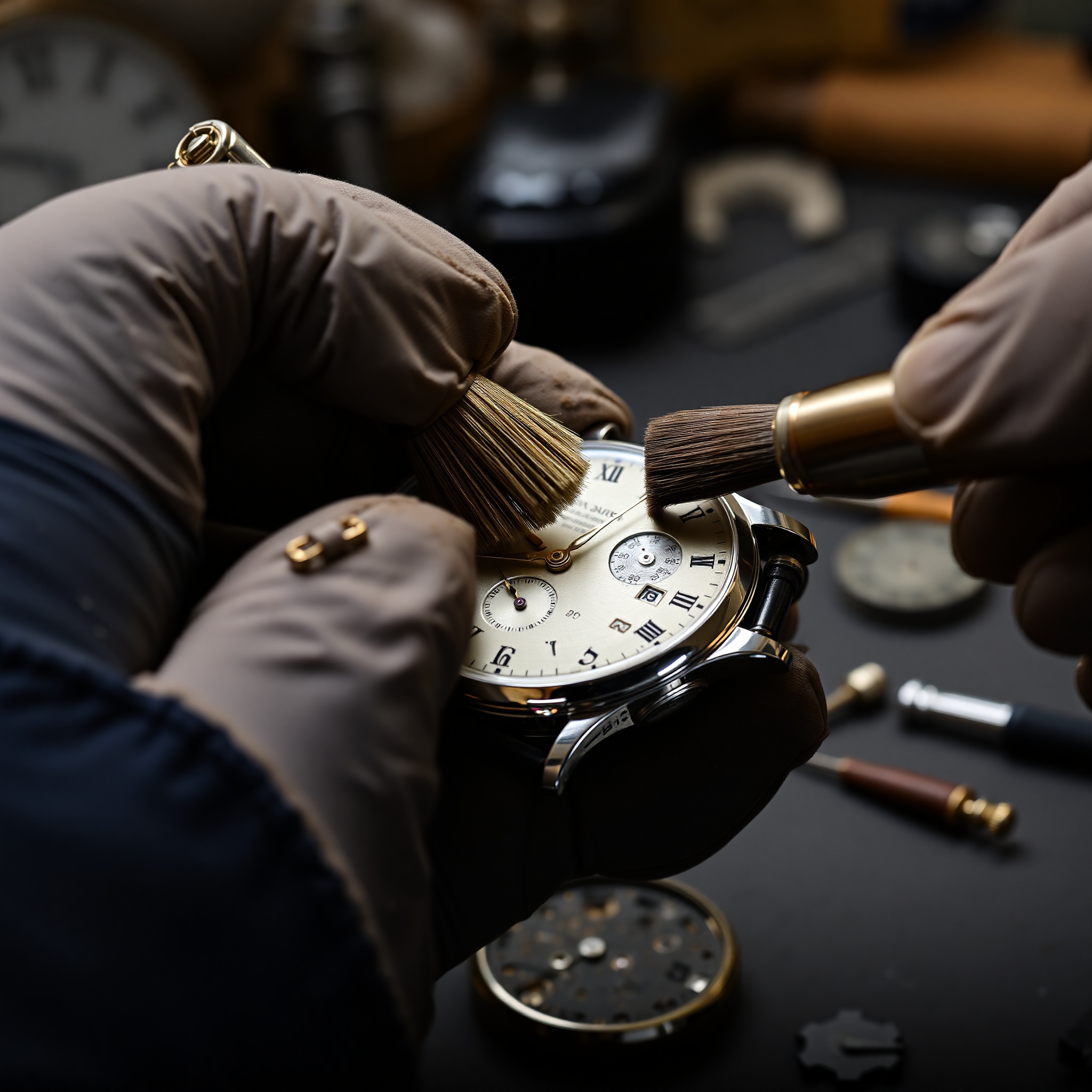 Before and after comparison of restored vintage watch showing polished case and restored dial