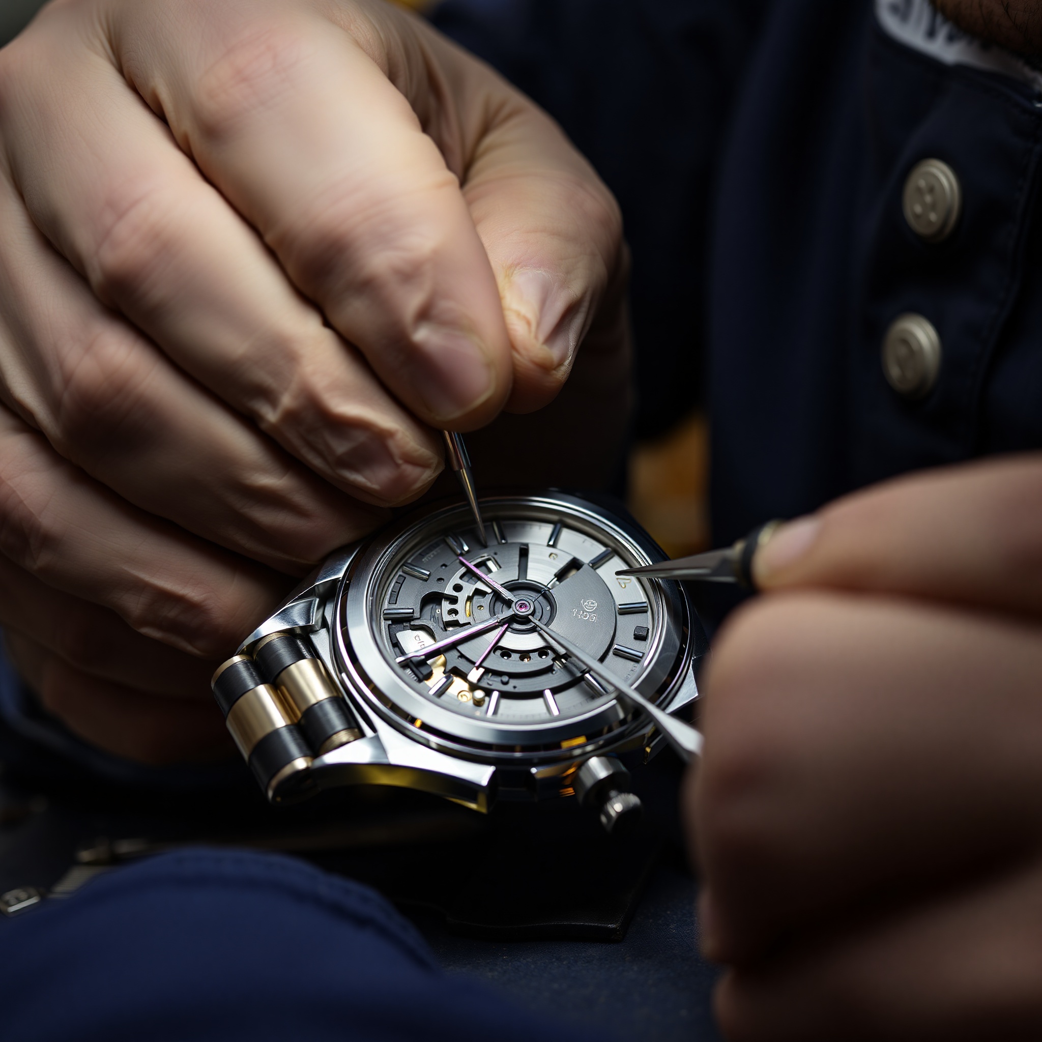 Skilled craftsman replacing worn watch crown and gasket seals with precision watchmaking instruments