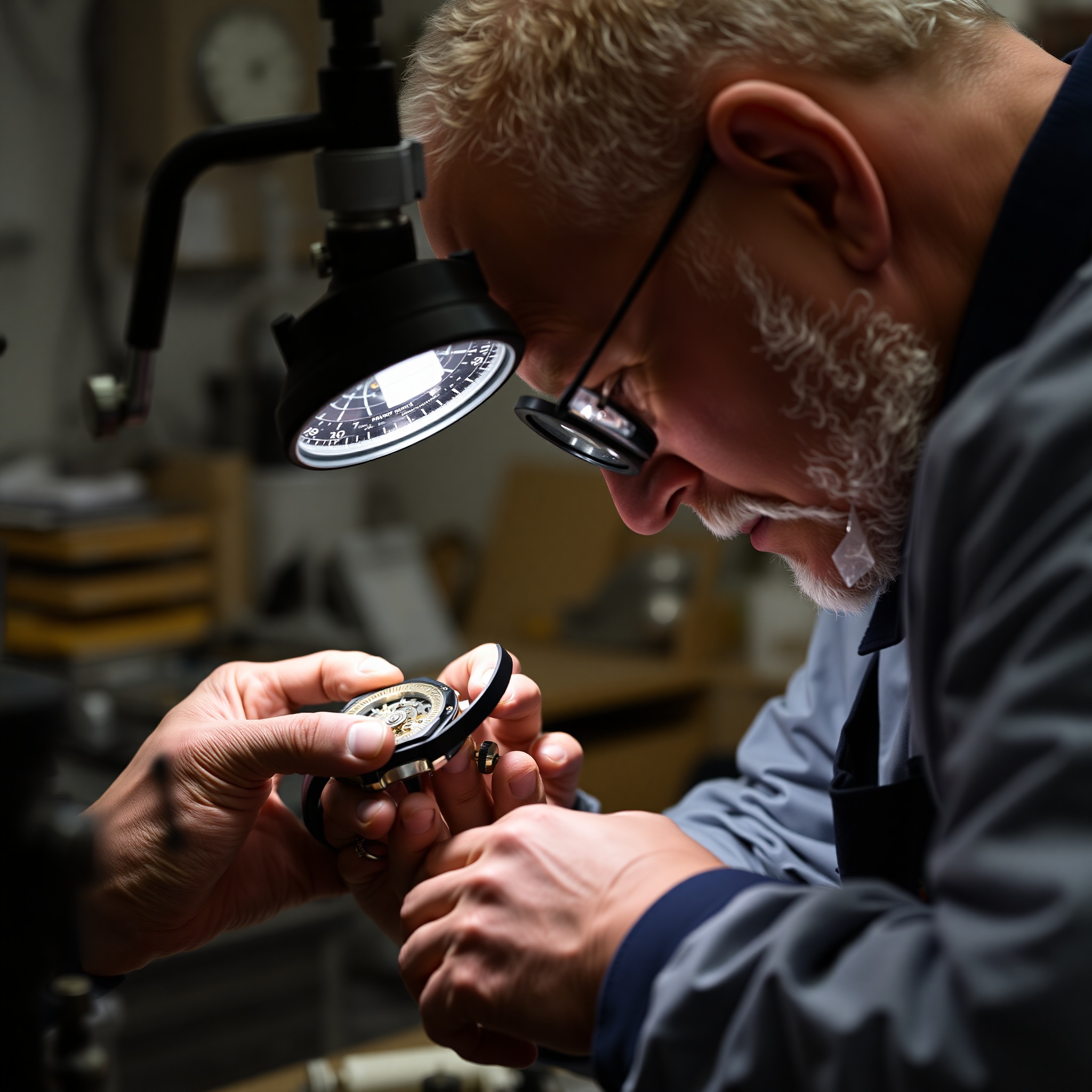 Expert watchmaker performing precision repair on vintage timepiece with magnification tools